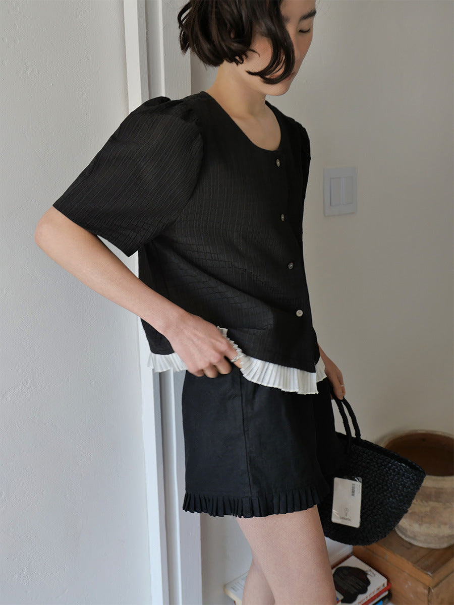 Dame afslappet bluse med rynket kortærmet og knaplukning Stilla