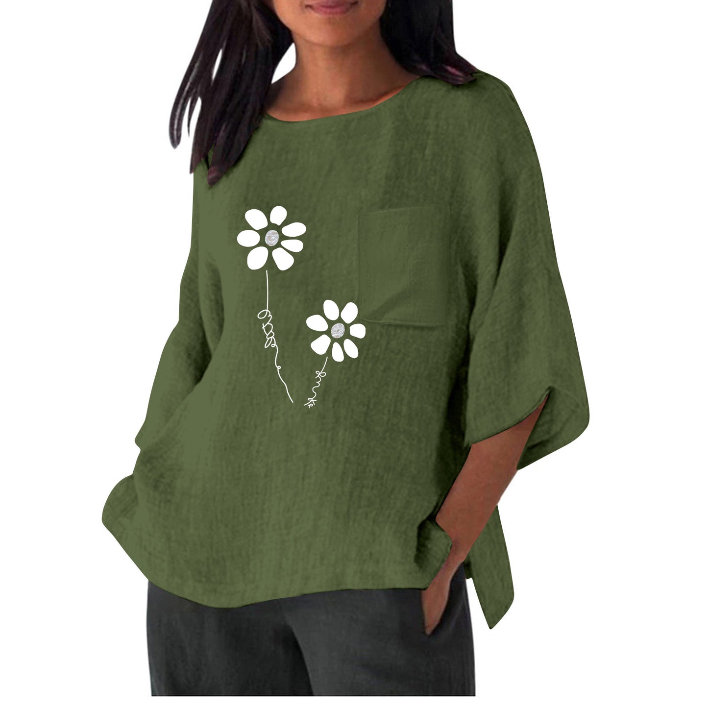 Dame afslappet bluse t-shirt med unik blomsterprint og praktisk brystlomme Stilla