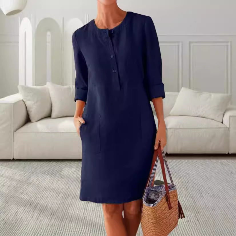 Dame afslappet linnedragt med knaplukning og praktiske lommer Stilla