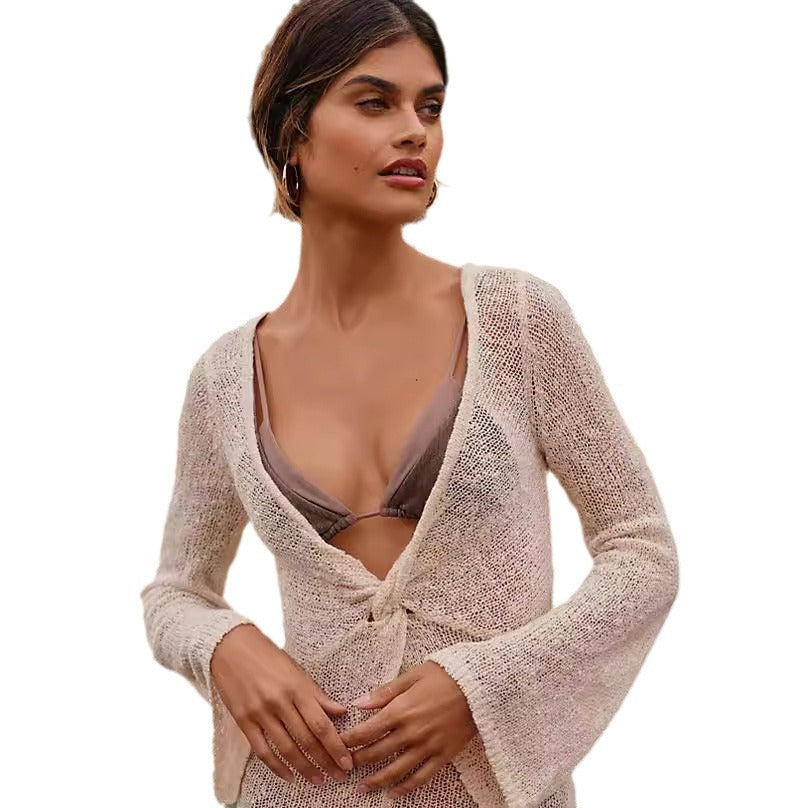 Dame åben strik cover-up med lange ærmer og bindebælte Stilla