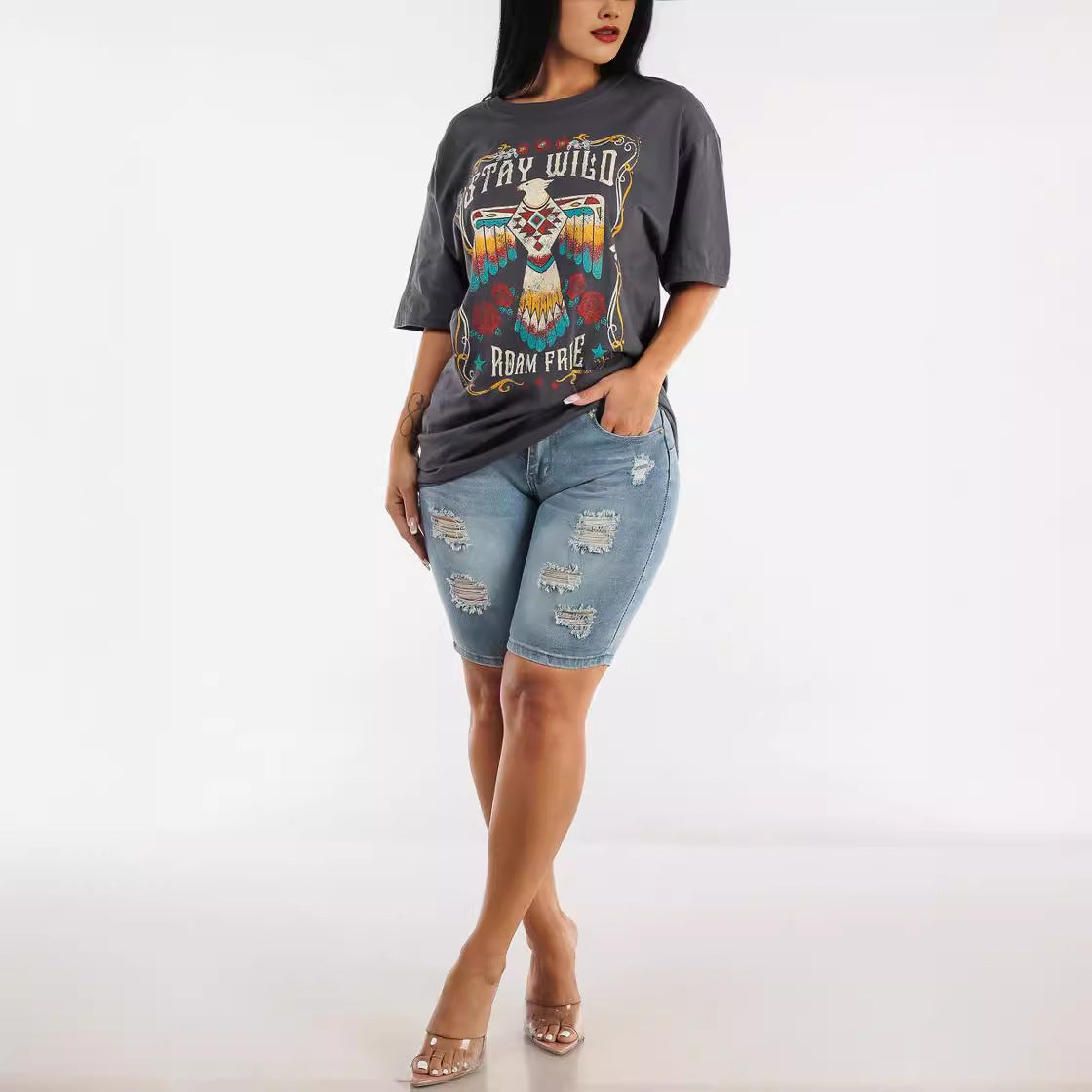 Dame Denim-shorts med høj talje og moderigtige revnede detaljer Stilla