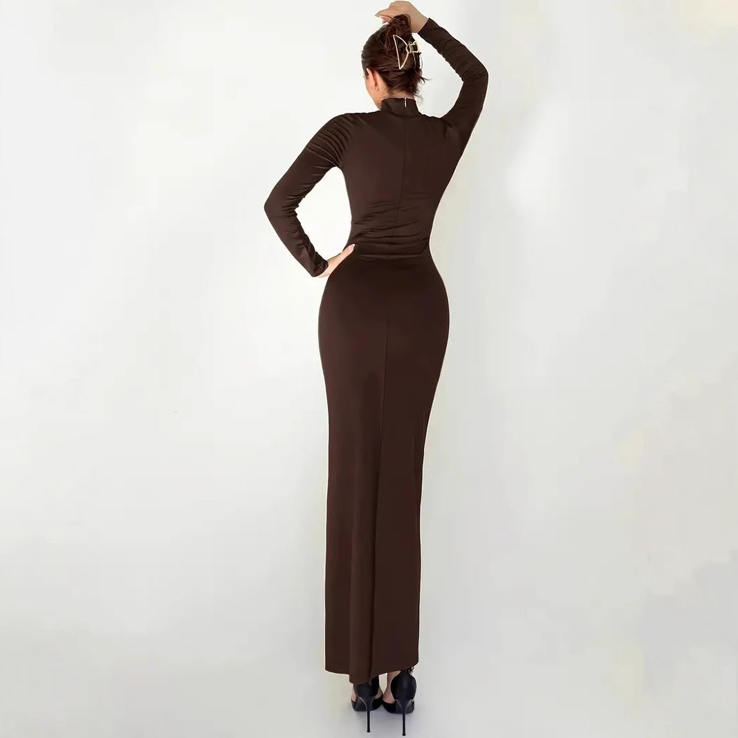 Dame Elegant indpakningskjole med ståkrave og dekorativt bælte Stilla