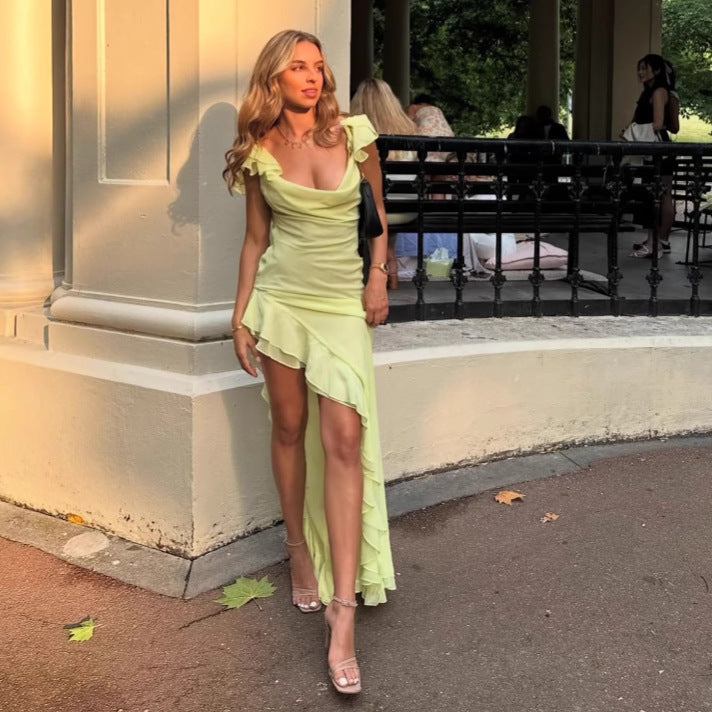 Dame Elegant Aftenkjole med asymmetrisk fald og flæsedetaljer Stilla