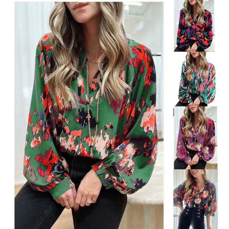 Dame elegant bluse med farverigt mønster og løse ærmer Stilla