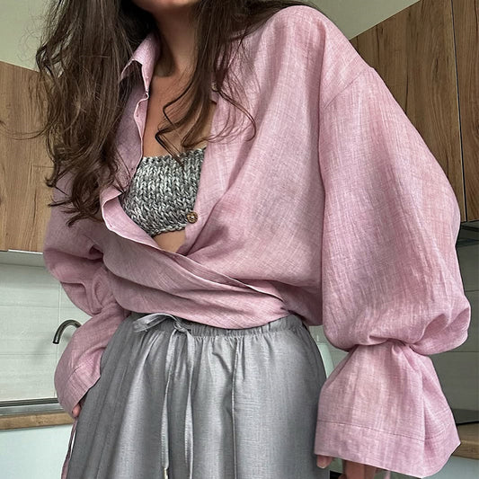 Dame afslappet oversized bluse med bælte og voluminøse ærmer Stilla