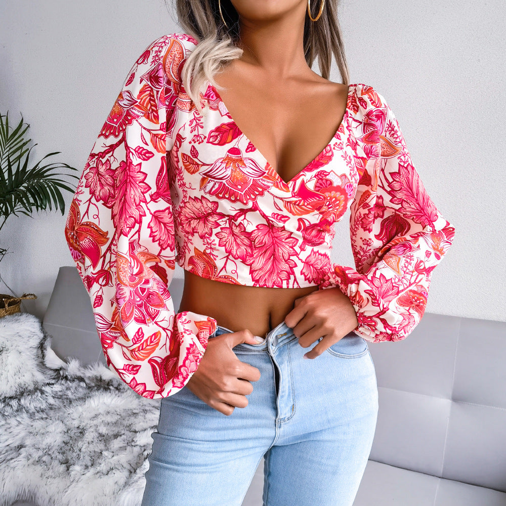 Dame Cropped Bluse med farverigt blomstret design og pufærmer Stilla