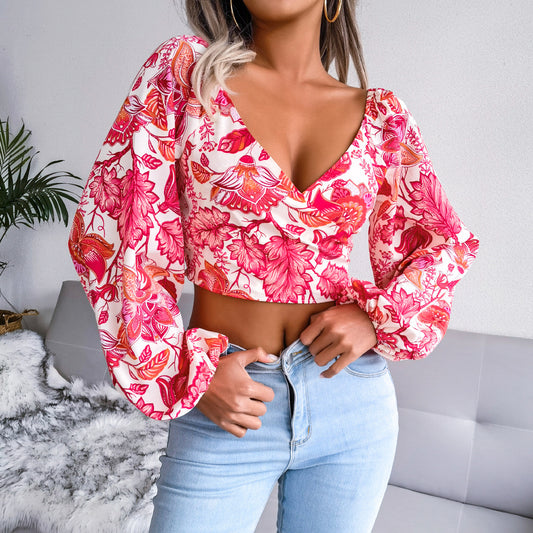 Dame Cropped Bluse med farverigt blomstret design og pufærmer Stilla