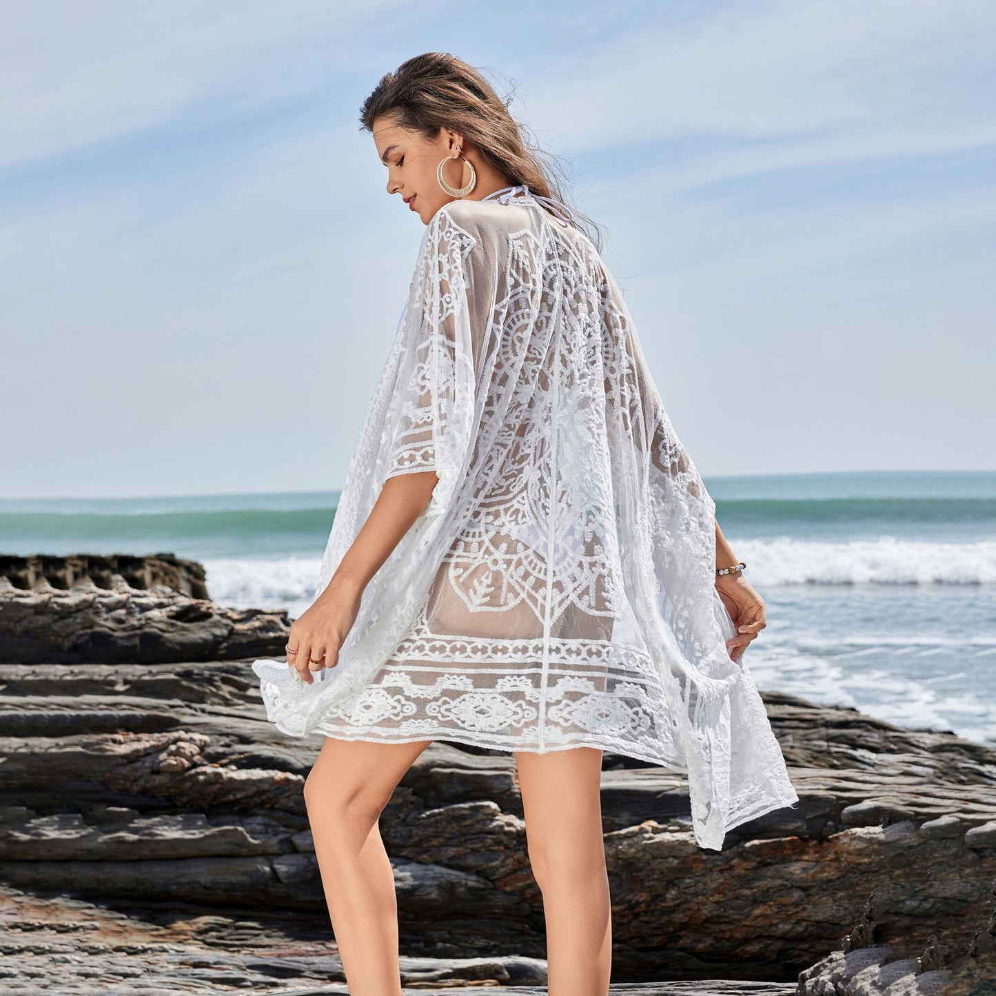 Dame Elegant Hæklet Strand-Kimono Stilla