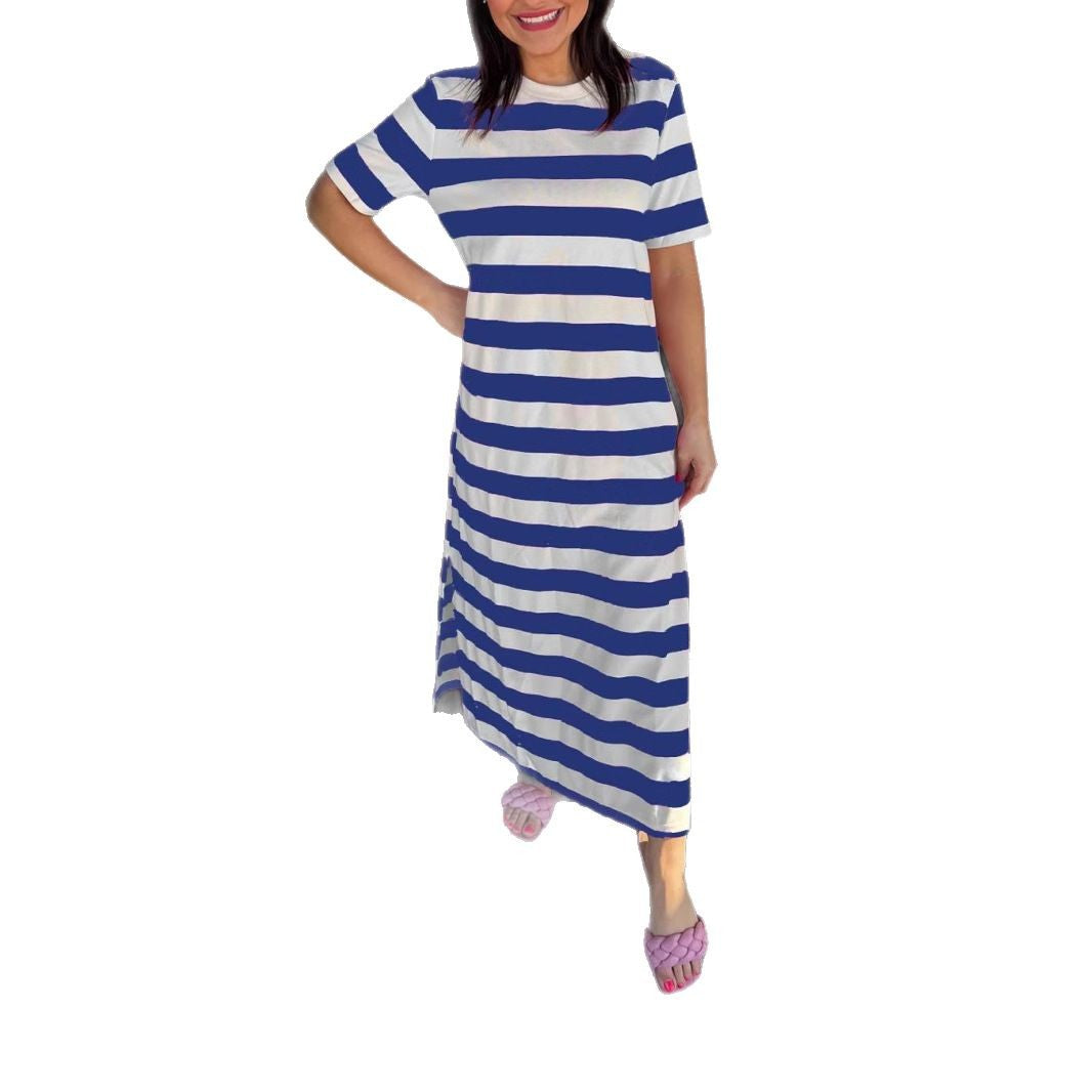 Dame afslappet maxikjole lavet af blød flydende bomuldsstof med stribemønster Stilla