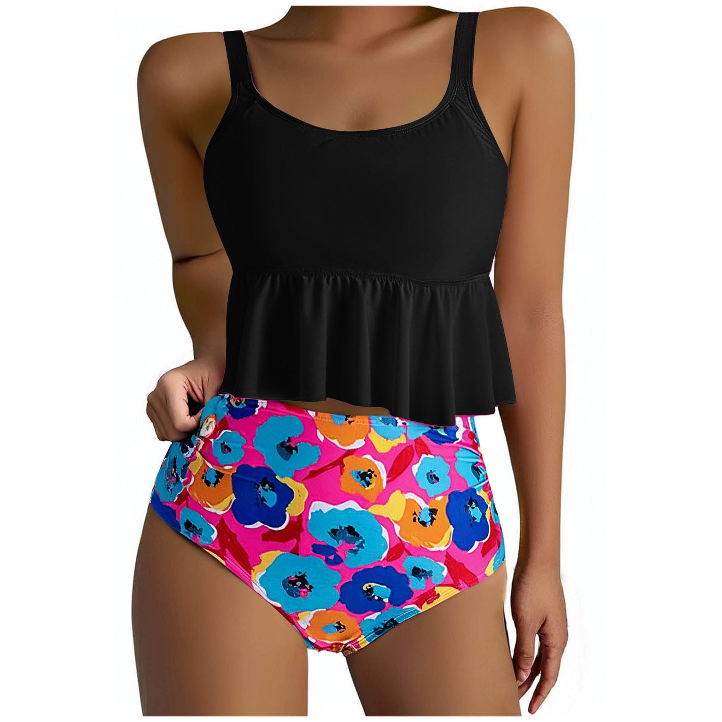 Femme Flydende Peplum-top og højtaljede blomster mønster badedragtsæt Stilla