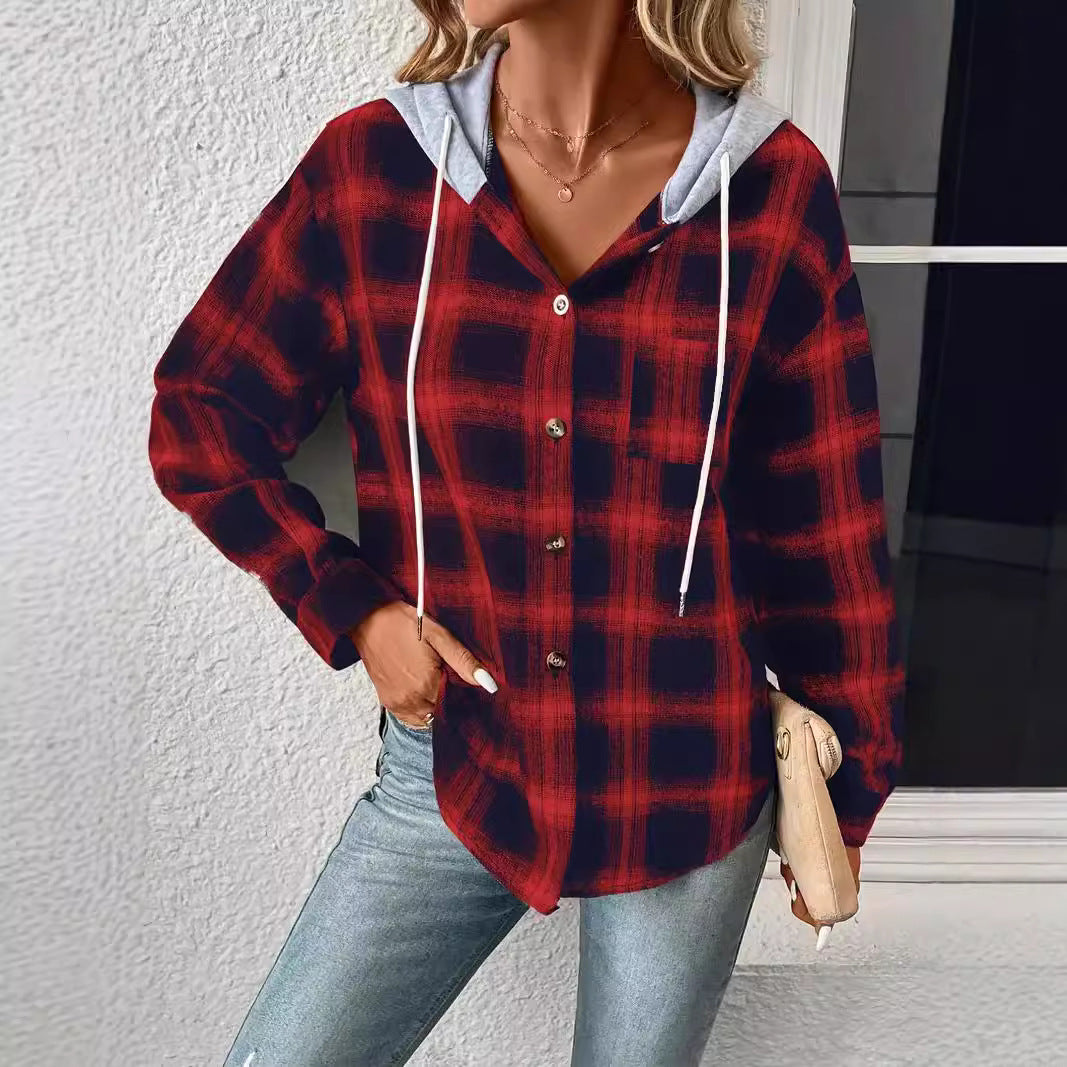 Dame afslappet flanneljakke med hætte og ternet mønster Stilla