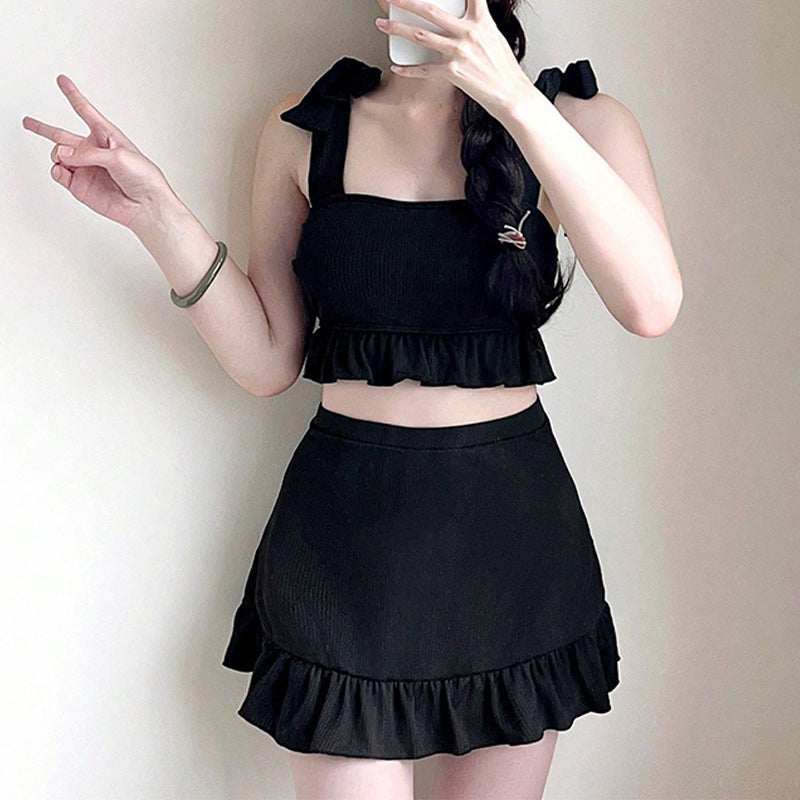 Dame Crop-Top og Shorts Sæt med Volangdetaljer Stilla