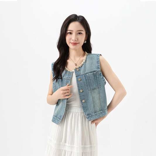 Dame Denim Vest i afslappet look med praktiske lommer og knapliste Stilla