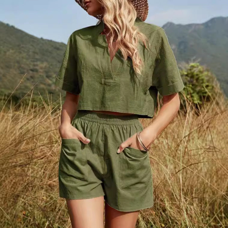 Dame afslappet kortærmet sæt med elastisk talje og praktiske lommer Stilla