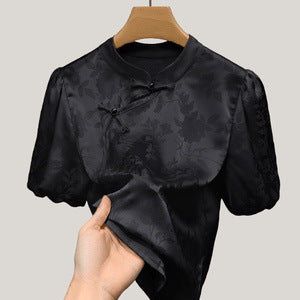 Dame Elegant Blusenshirt med blomsterapplikationer og puffærmer Stilla