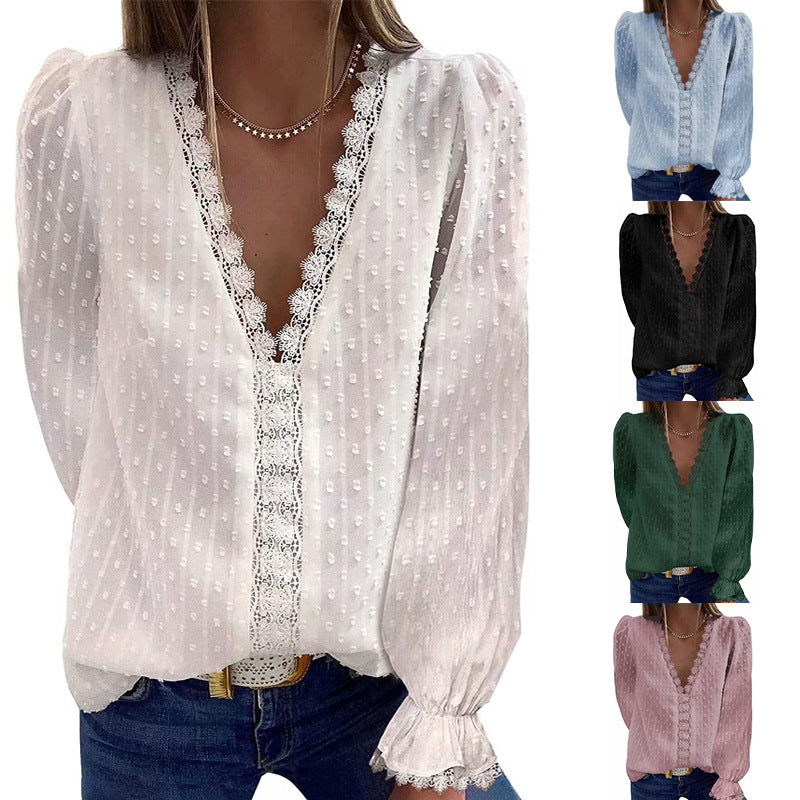 Dame Elegant Bluse med Spidsdetaljer og Pufærmer Stilla