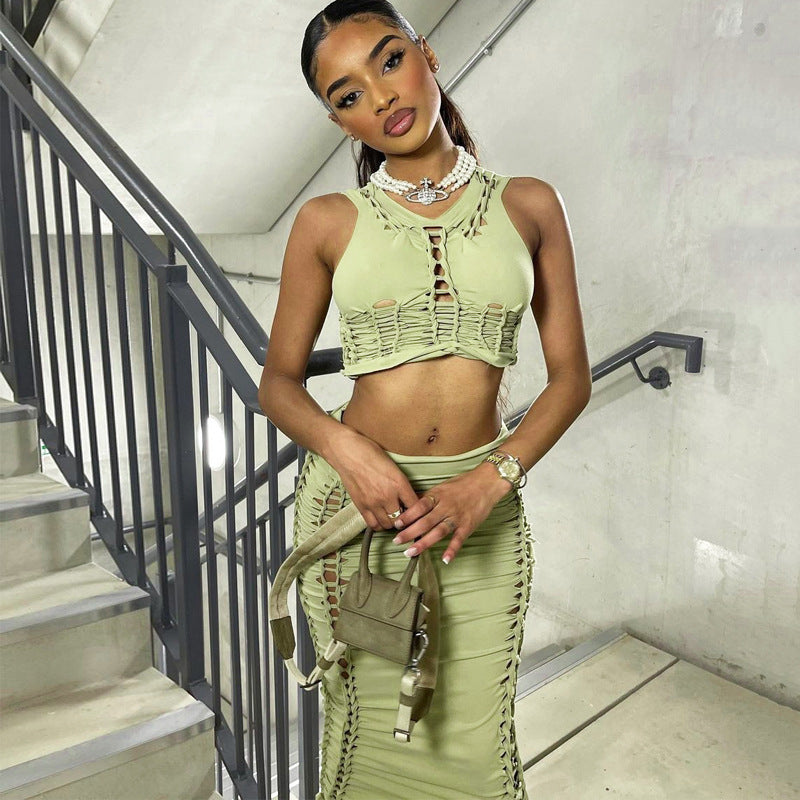 Dame Crop-Top og Midi-Nederdel Sæt med raffinerede snøringdetaljer Stilla