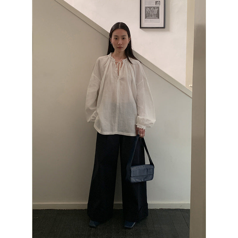 Dame afslappet bluse shirt med detaljeret snøre og puffærmer Stilla