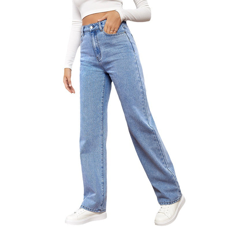 Dame Høj Talje Jeans i Vintage Stil med Bred Ben Stilla