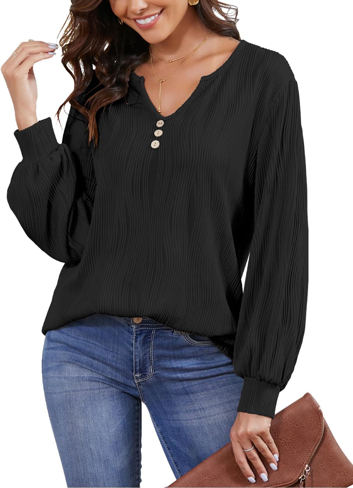 Dame afslappet bluse med struktureret design og knaplukning Stilla