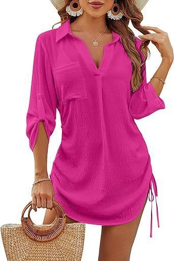 Dame afslappet strandbluse med sidelæggede flæser og praktiske lommer Stilla