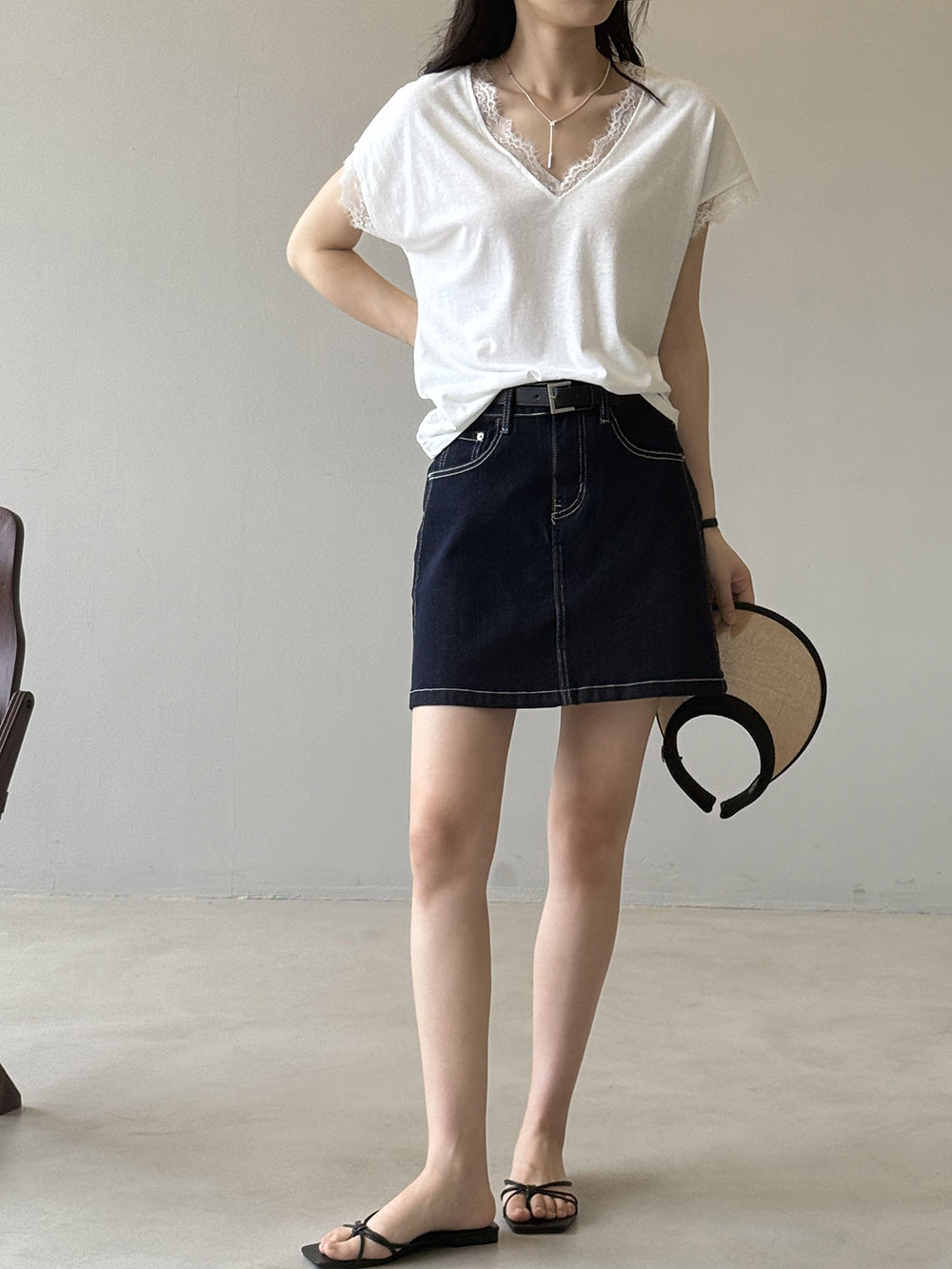 Dame Denim-nederdel med aftageligt bælte og klassisk snit Stilla