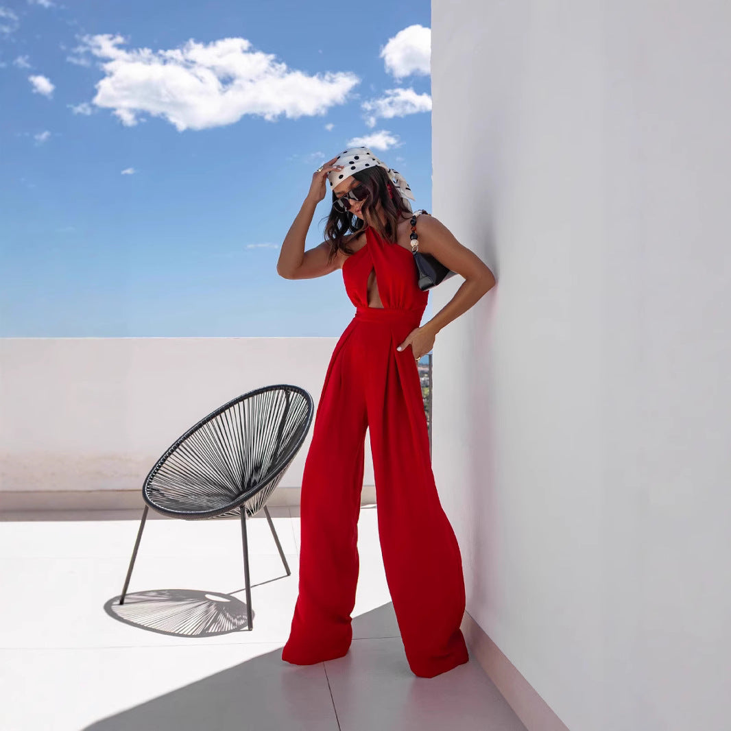 Dame Elegant jumpsuit med dyb V-udskæring og bredt skårne ben Stilla