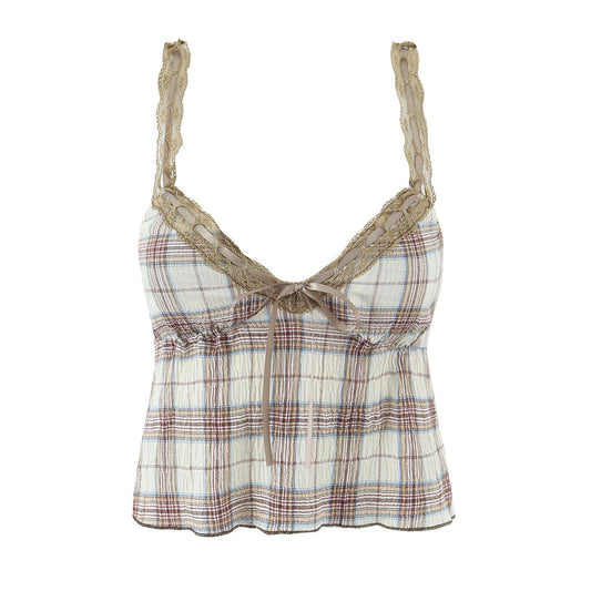 Dame afslappet spaghetti-strop top med flæsedetaljer og moderne ternet udseende Stilla