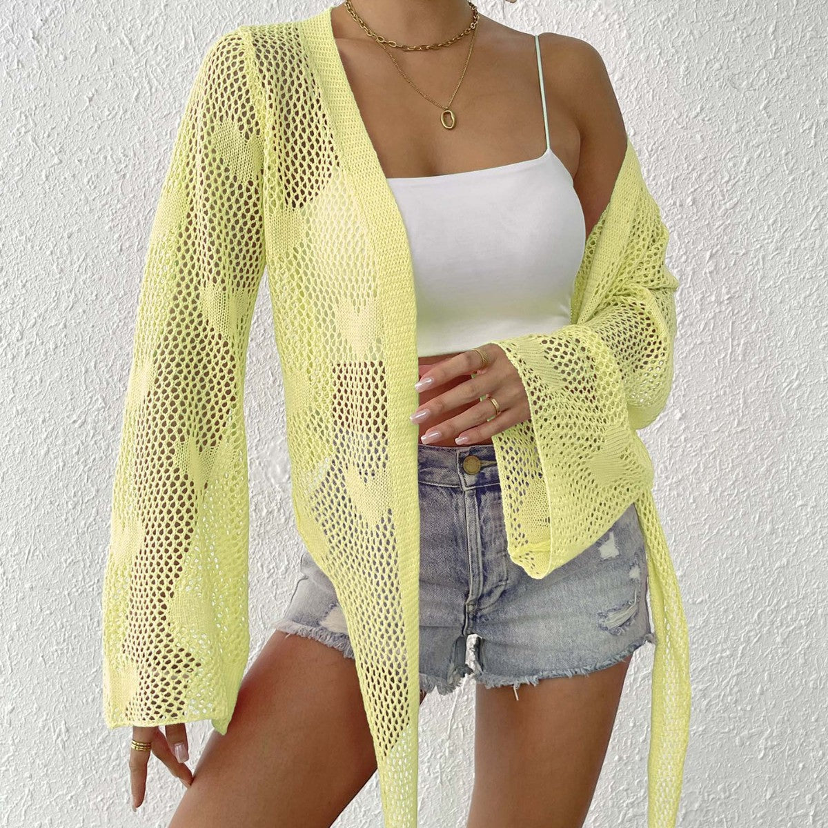 Dame Åben Strik Strandcardigan med Bindebånd Stilla