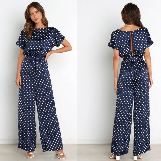 Dame jumpsuit med vidde bukseben og elegant bindebælte Stilla