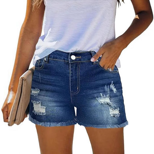 Dame Distressed Denim-Shorts med frynset kant og afslappet look Stilla
