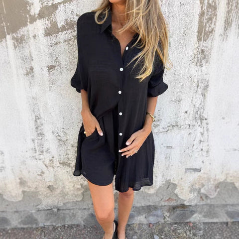 Dame afslappet bluse-shorts-sæt med oversized snit og luftig tekstur Stilla