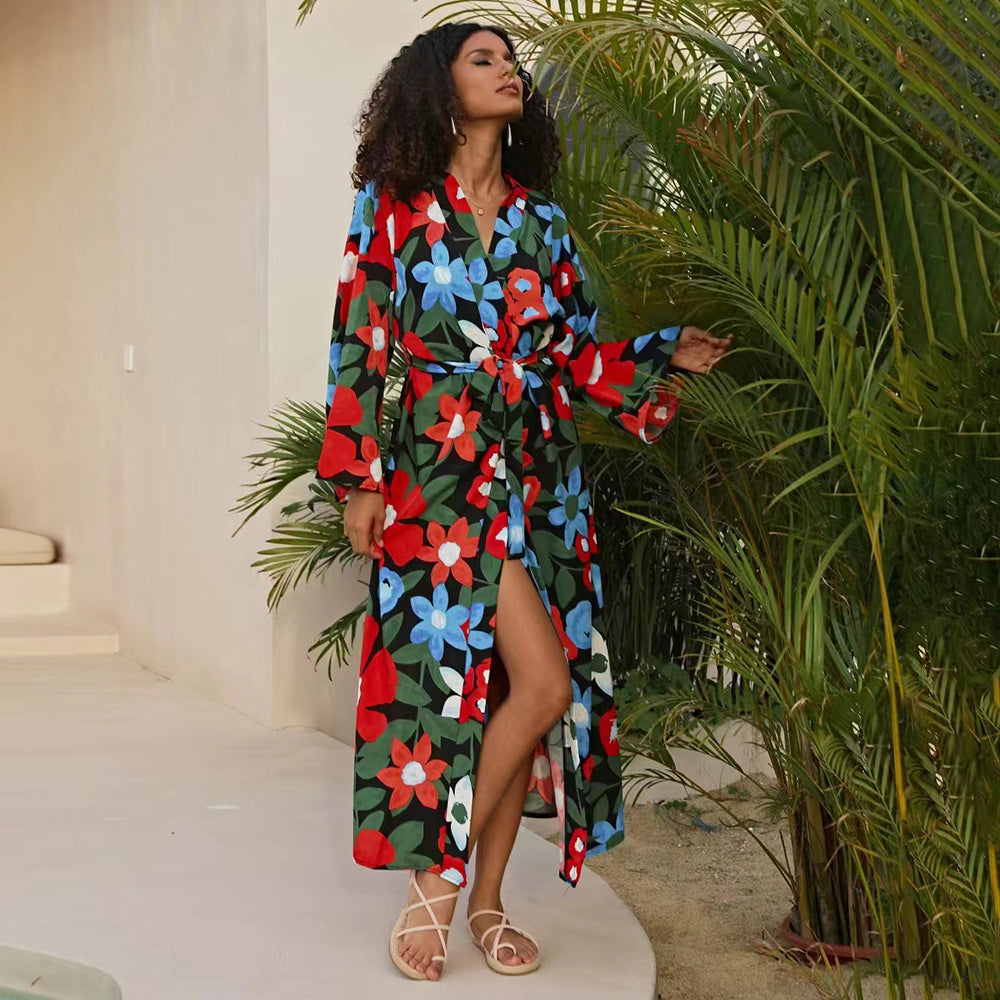 Dame elegant blomster-kaftan med sidelids Stilla