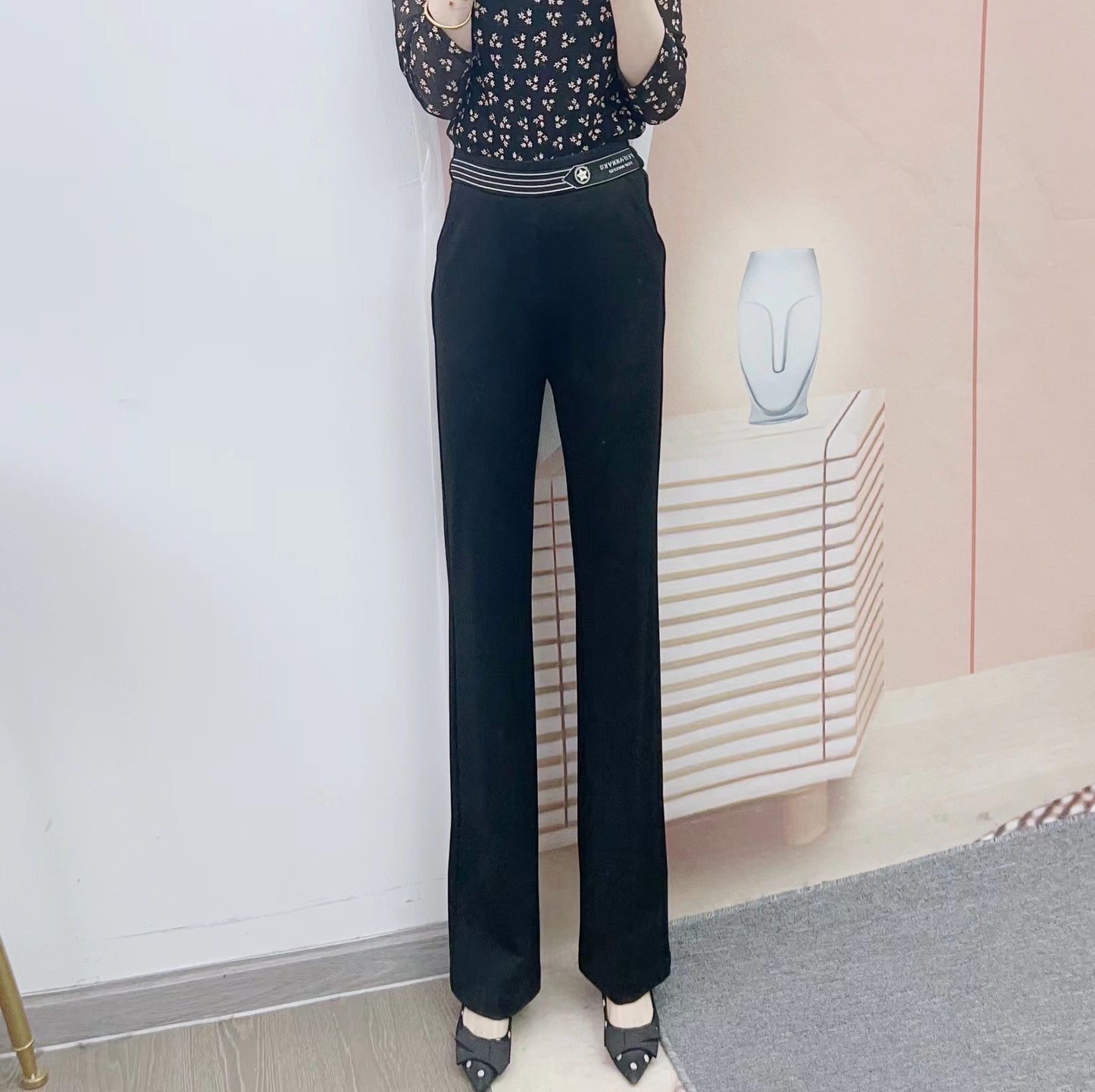 Dame elegant høj talje stofbuks med bredt ben og moderne bælte Stilla