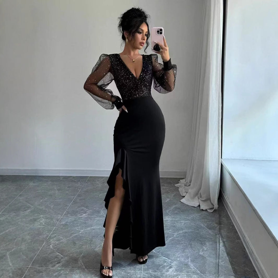 Dame Elegant aftenkjole med gennemsigtige puffærmer og høj slids Stilla