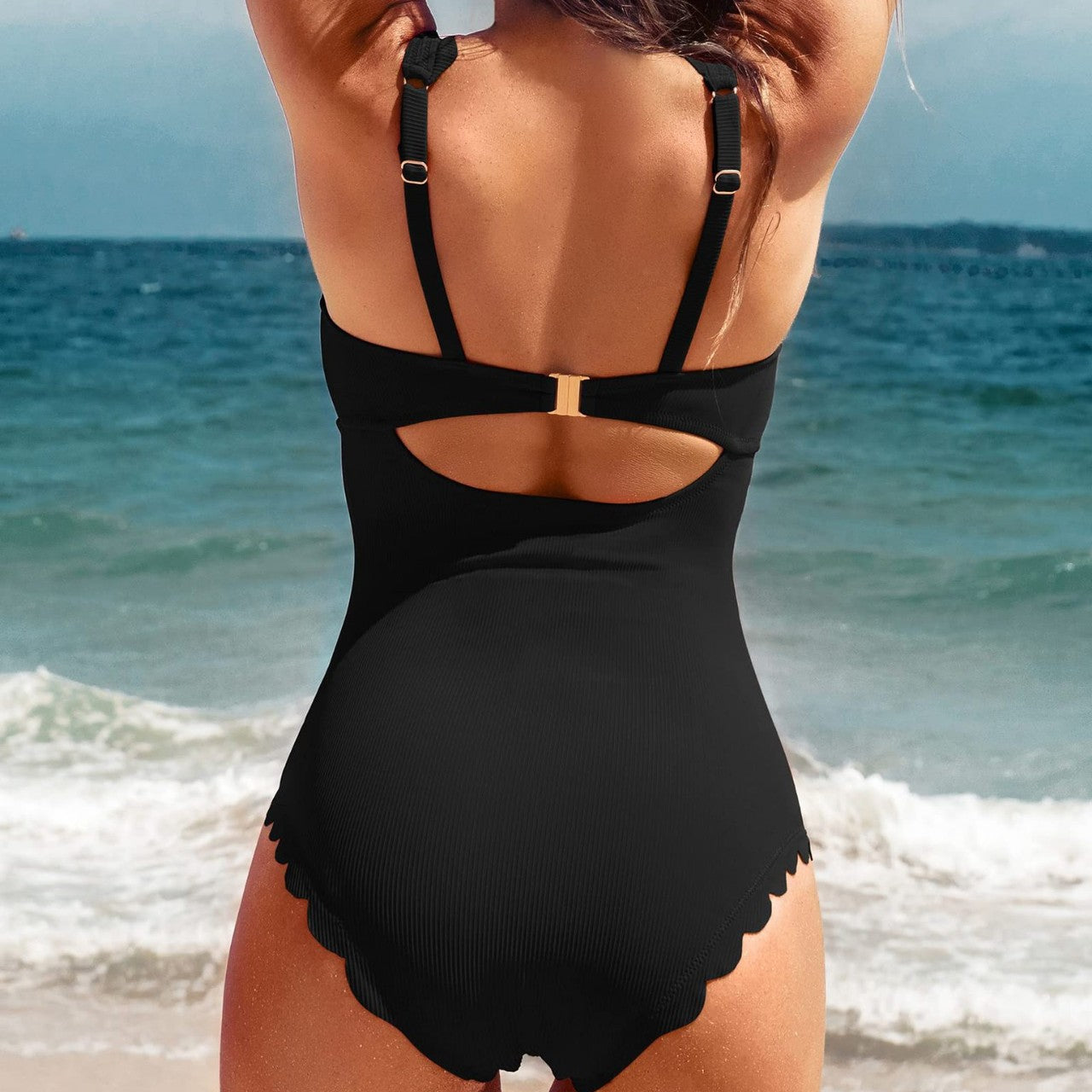 Dame Elegant Enhed Badedragt med Bølgekant og Elastisk Bånd Stilla