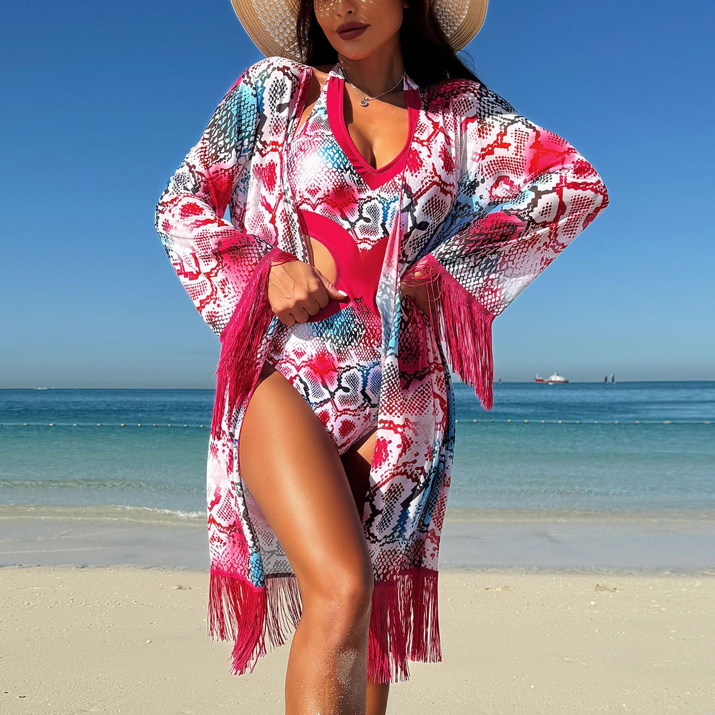 Dame Cut-Out Badedragt med vidde Kimono og Frynser Stilla