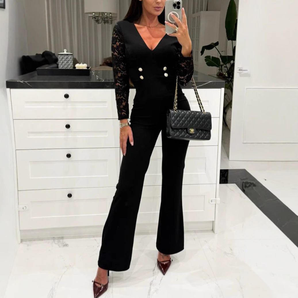 Dame Elegant Jumpsuit med Spidsermer og Taljebælte Stilla