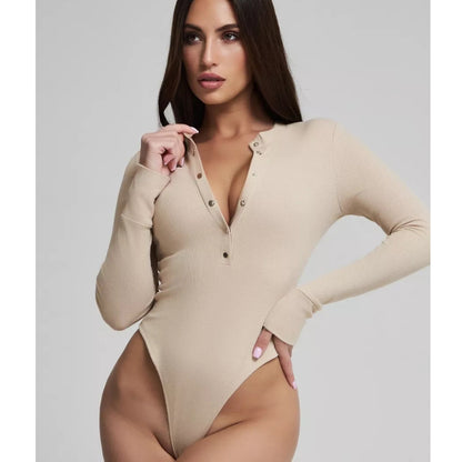 Dame langærmet bodysuit med knapdetaljer og dyb udskæring Stilla