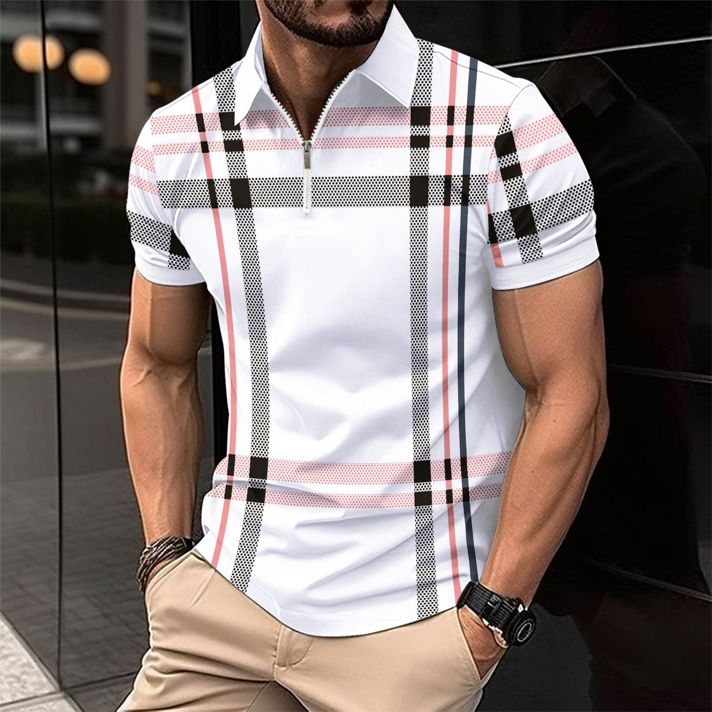 Herre poloshirt med modisk lynlås og klassisk ternet mønster Stilla