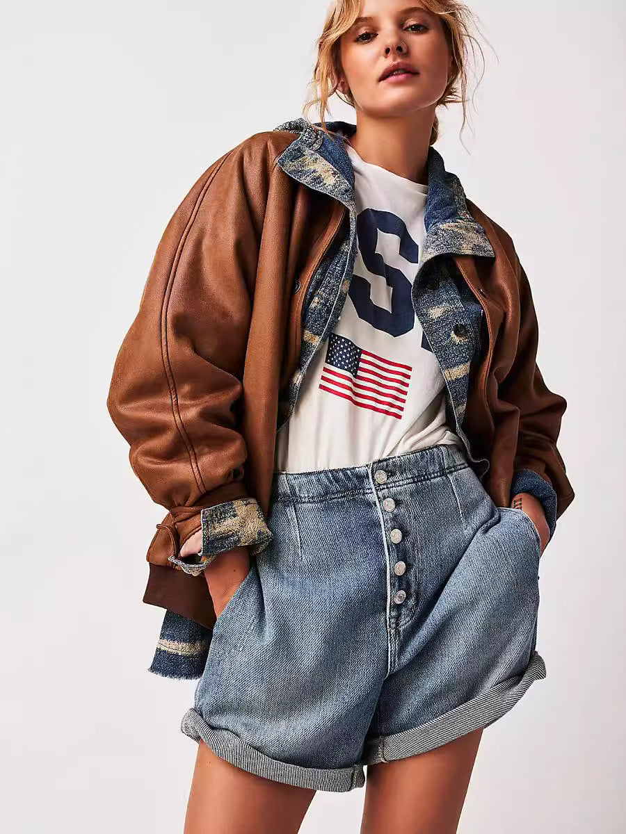 Dame cropped jeansjakke med lagdelt flannelfor Stilla