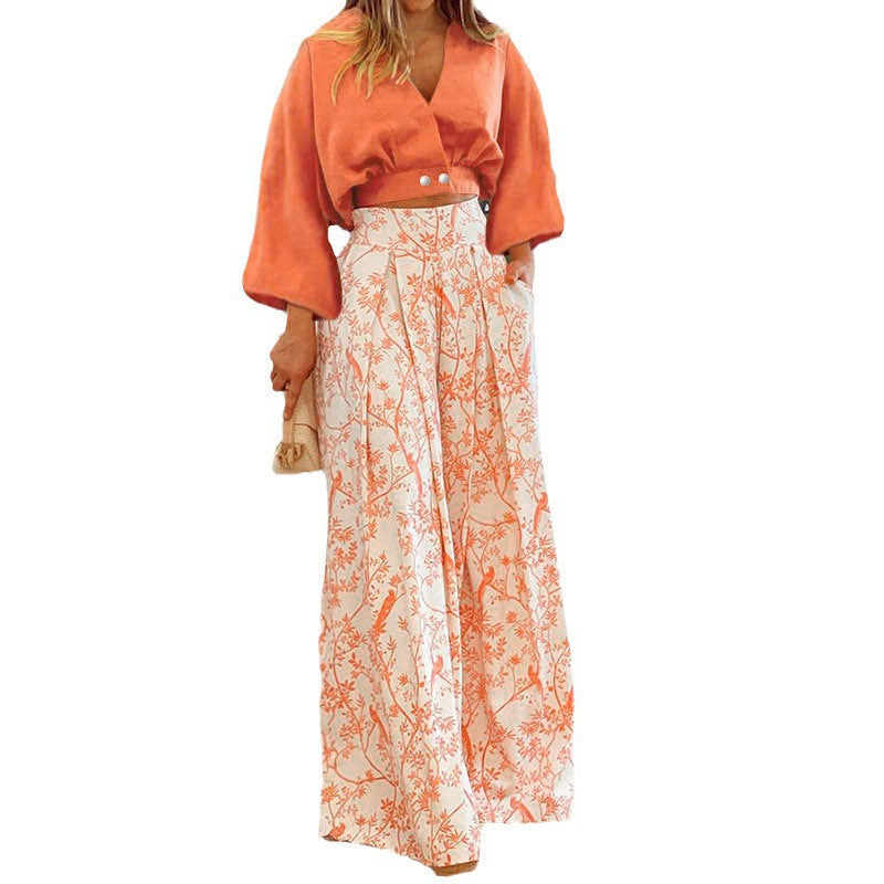 Dame Elegant Crop-top med vid maxi-nederdel og blomster mønster Stilla