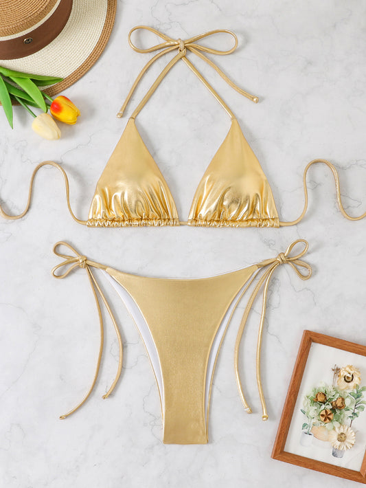 Dame Triangel-Bikini-Sæt med elegant raffinement og justerbare snore Stilla