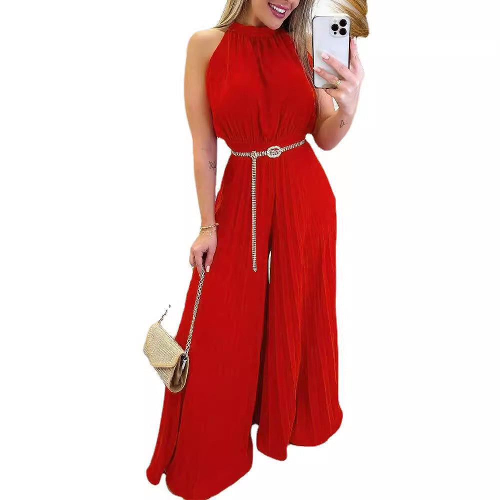 Dame Elegant Jumpsuit med bredt ben og taljebælte Stilla