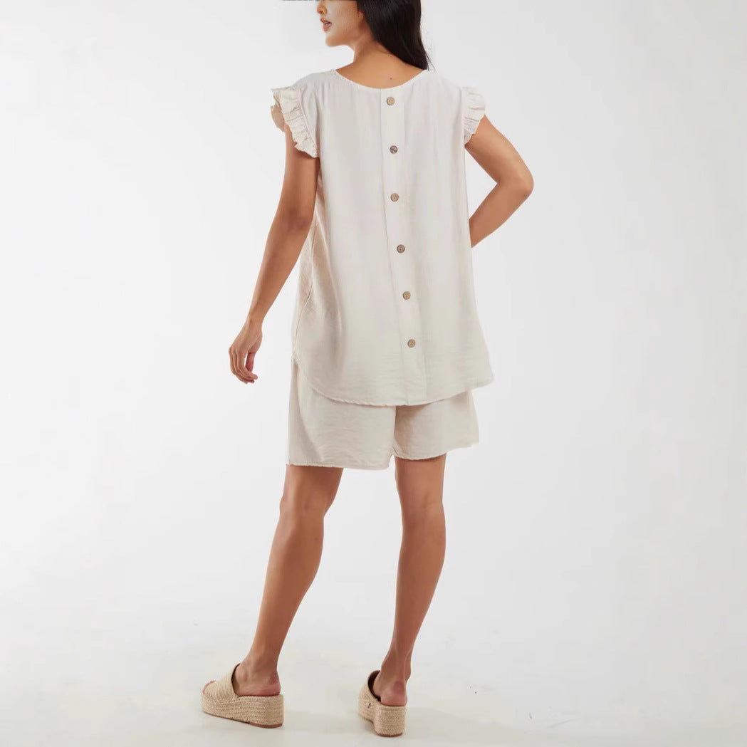 Dame afslappet kortærmet sæt med flæsedetaljer og praktiske lommer Stilla