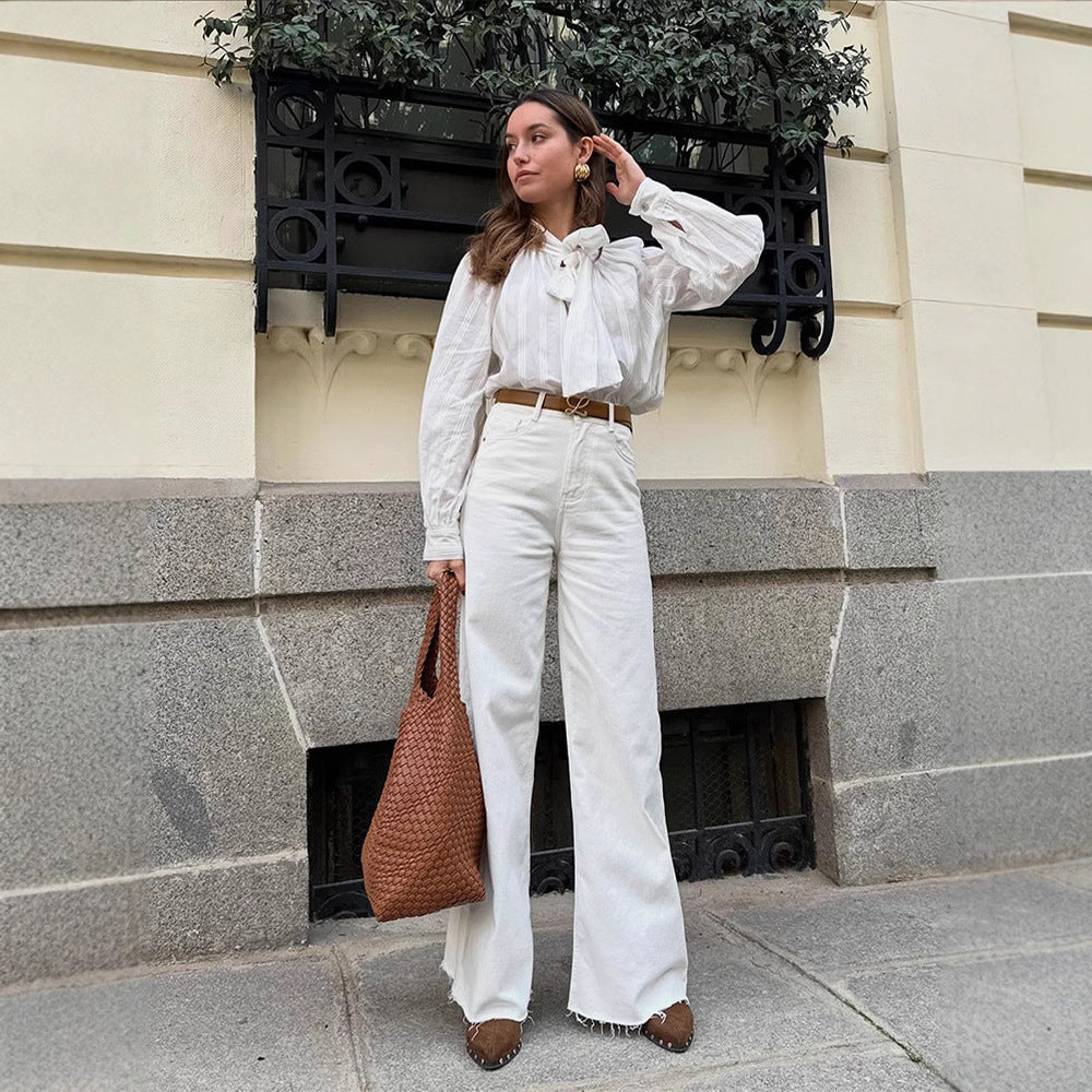 Dame elegant bluse med sløjfe-detalje og stribet design Stilla