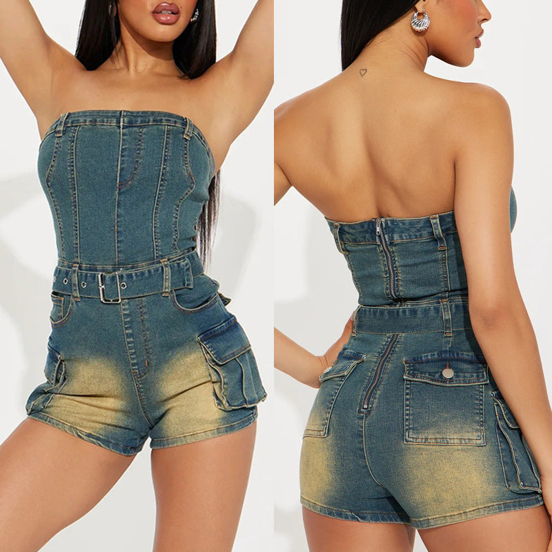 Dame Denim-Overall med båndløs pasform og praktiske lommer Stilla