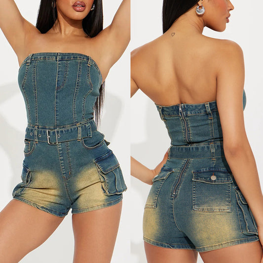 Dame Denim-Overall med båndløs pasform og praktiske lommer Stilla