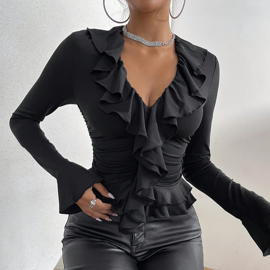 Dame elegant bluse med flydende flæsekant Stilla