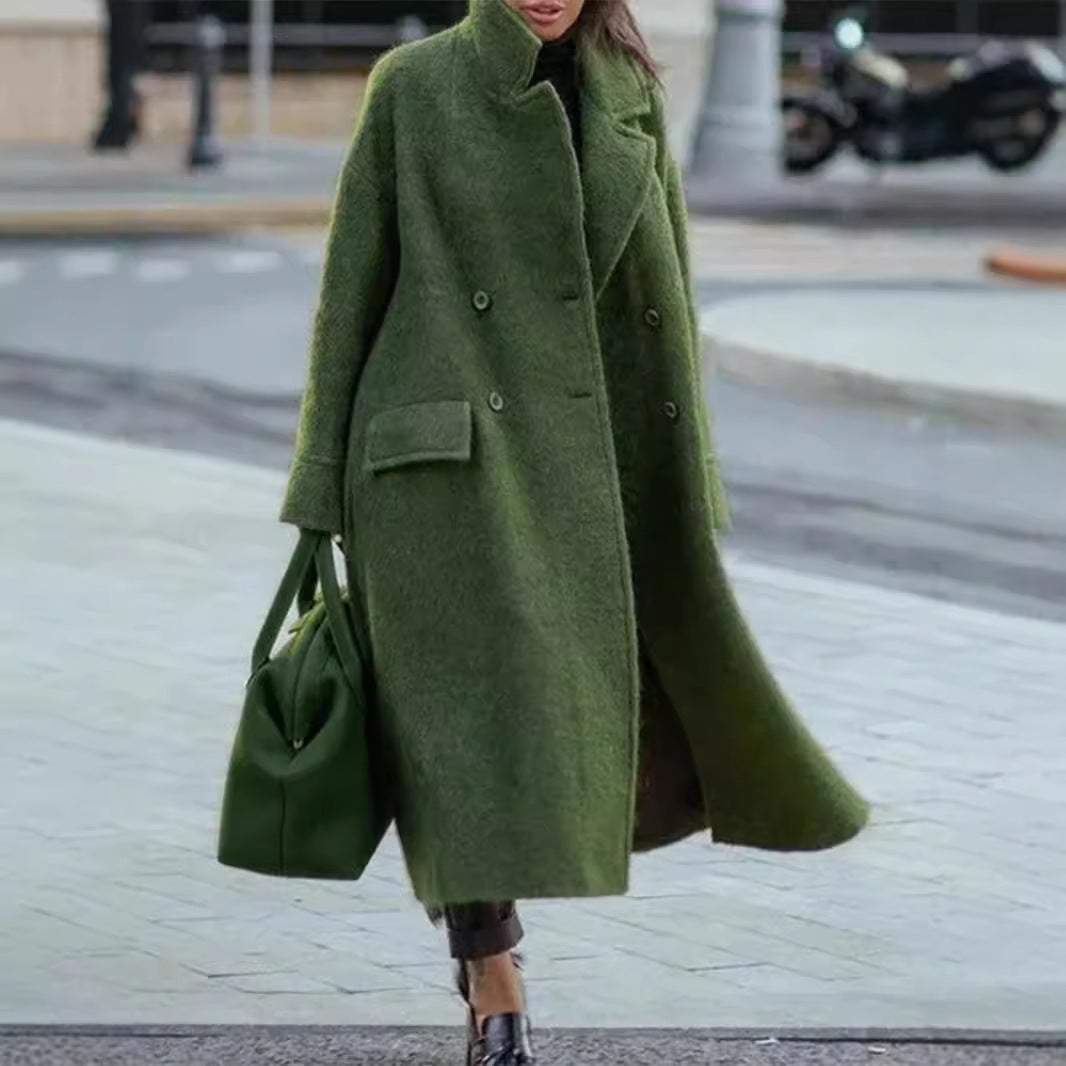 Dame Oversized Uldfrakke med dobbelt knaplukning og høj krave Stilla